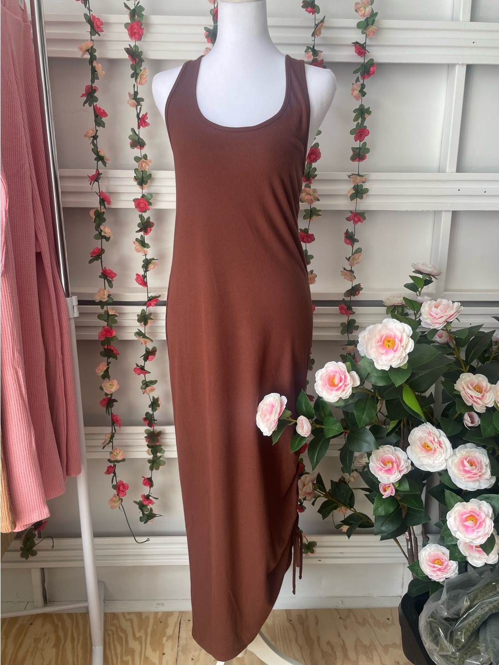 Double Zero- Ribbed Dress with Back Twist Tie- CHESTNUT